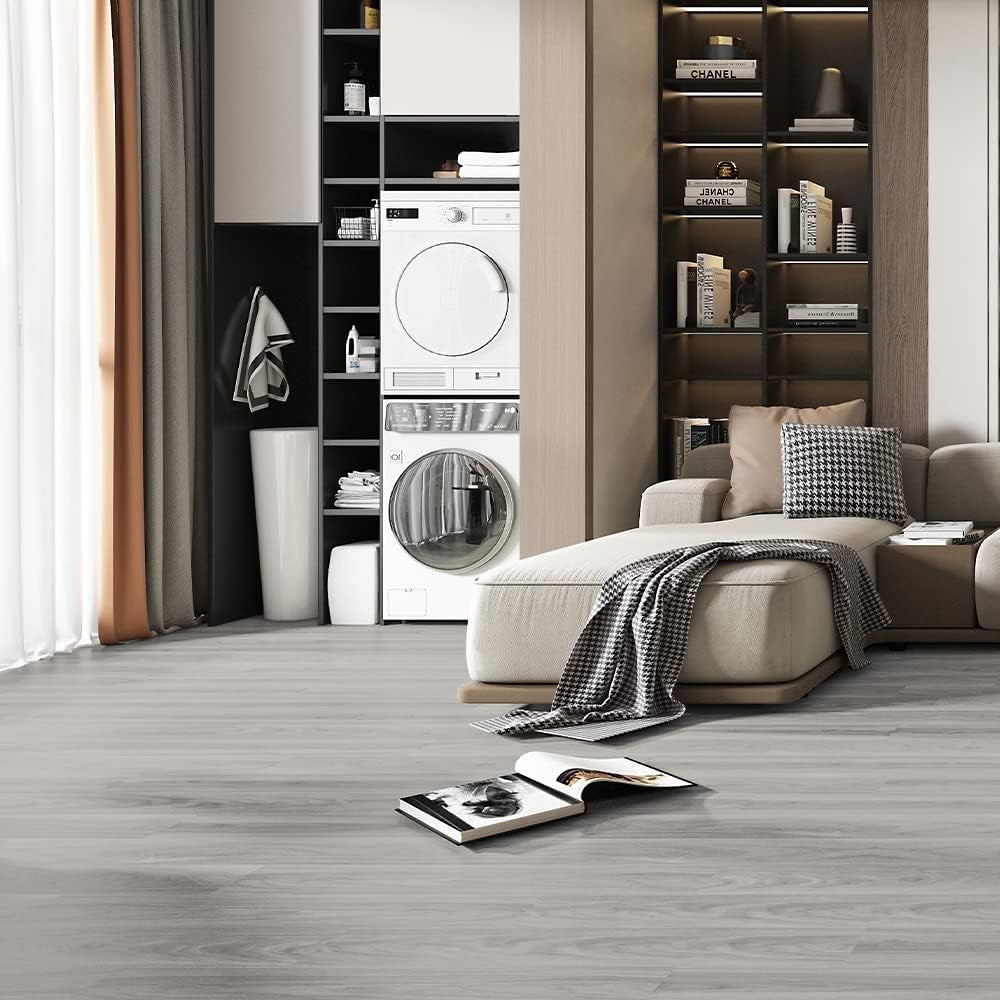 Placi Autoadezive Pentru Pardoseala, LVT Impermeabil si Ignifug, Aspect Lemn, PVC cu 6 Straturi, Set 36 Bucati, 5 m2, 91.44 x 15.24 cm, Grosime 1.5 mm, Gri