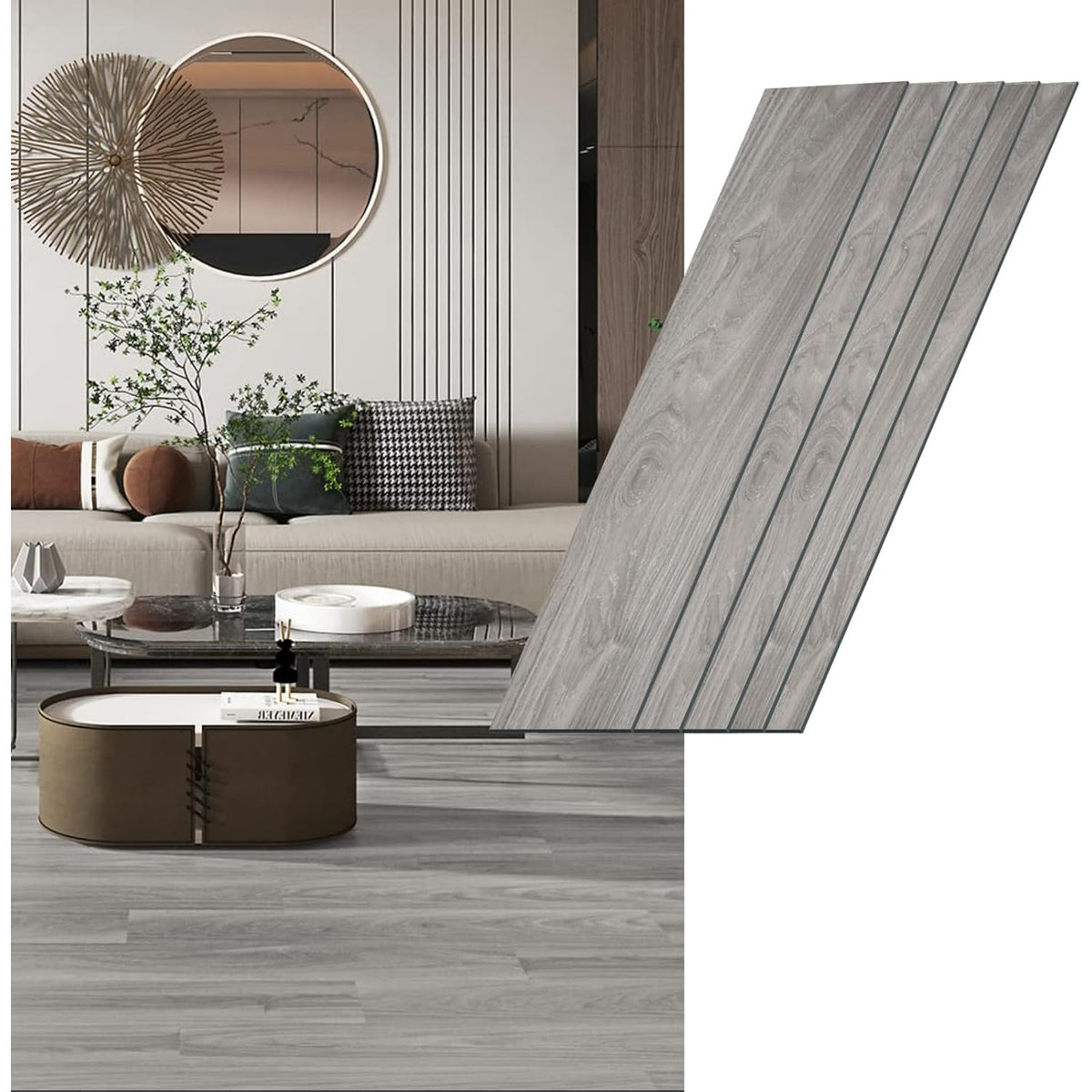 Placi Autoadezive Pentru Pardoseala, LVT Impermeabil si Ignifug, Aspect Lemn, PVC cu 6 Straturi, Set 36 Bucati, 5 m2, 91.44 x 15.24 cm, Grosime 1.5 mm, Gri
