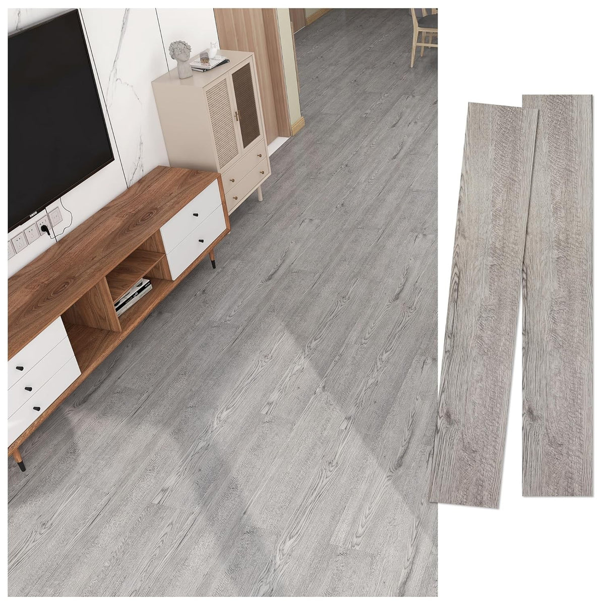 Plăci Autoadezive pentru Pardoseală, Set 36 Bucăți, PVC Impermeabil și Ignifug, Grosime 1.5 mm, Acoperire 5 m2, 91.44 x 15.24 cm, Model 3, Gri