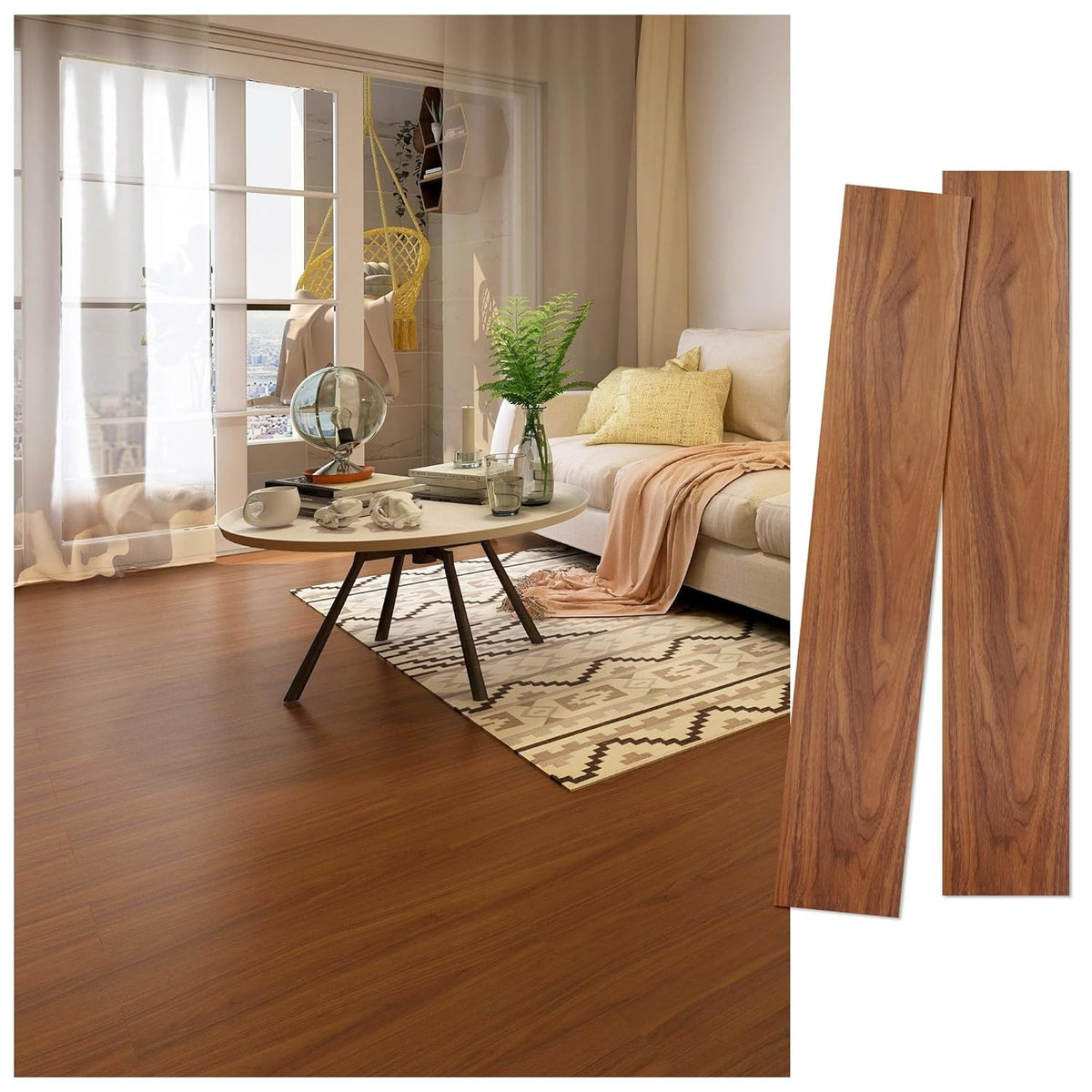 Set 36 Placi Autoadezive pentru Pardoseala, PVC Impermeabil si Ignifug, Aspect Lemn, Acoperire 5 m2, Grosime 1.5 mm, 91.44 x 15.24 cm, Caramiziu