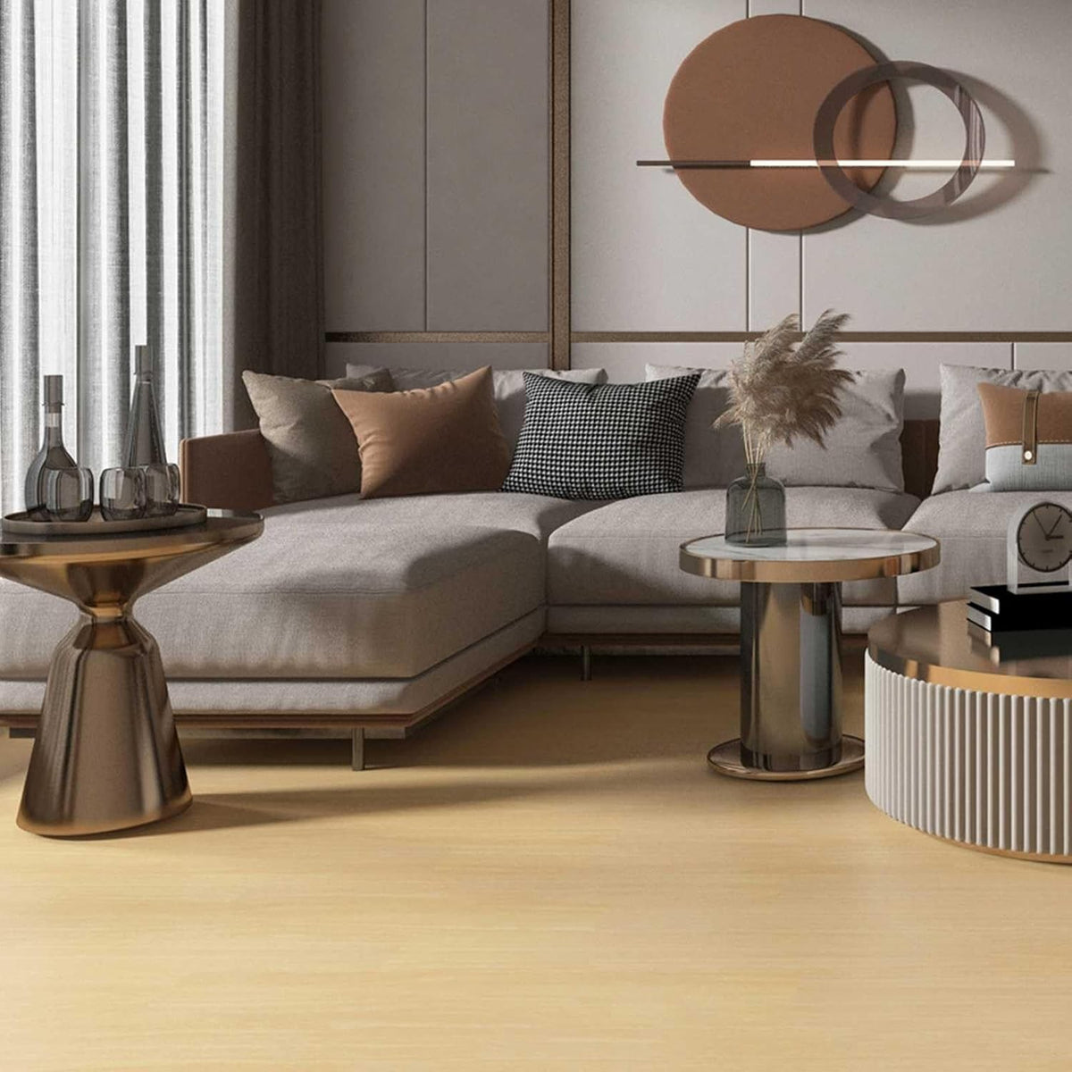 Set 36 Placi Autoadezive pentru Pardoseala, LVT din PVC Impermeabil si Ignifug, Aspect Lemn Natural, 91.44 x 15.24 cm, Grosime 1.5 mm, Acoperire 5 m2, Model 11, Crem