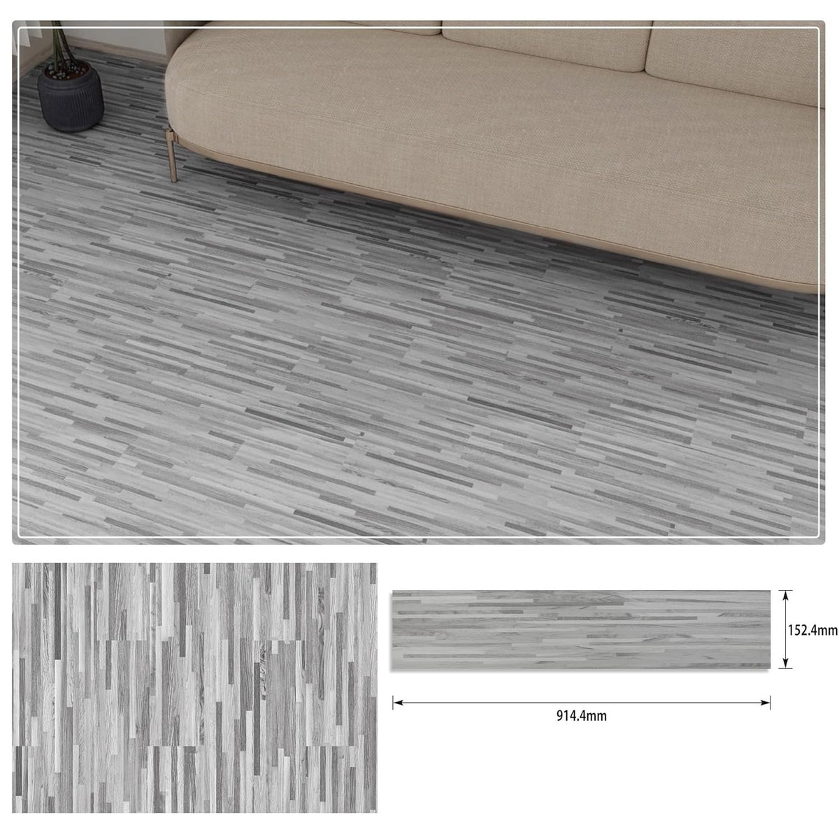 Set 36 Placi Autoadezive pentru Pardoseala, PVC Impermeabil si Ignifug, Textura Lemn, 91.44 x 15.24 cm, Grosime 1.5 mm, Acoperire 5 m2, Model 4, Gri