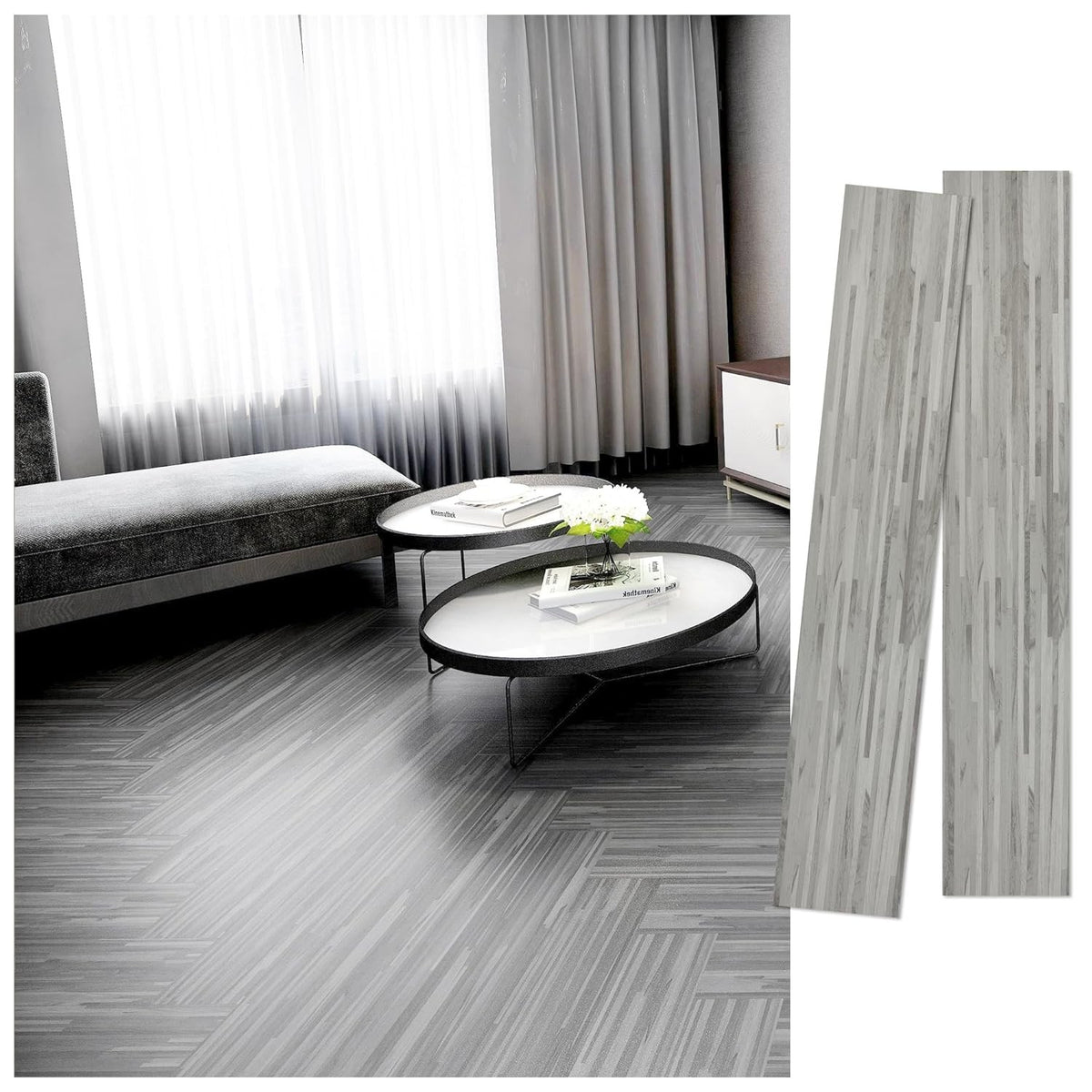 Set 36 Placi Autoadezive pentru Pardoseala, PVC Impermeabil si Ignifug, Textura Lemn, 91.44 x 15.24 cm, Grosime 1.5 mm, Acoperire 5 m2, Model 4, Gri