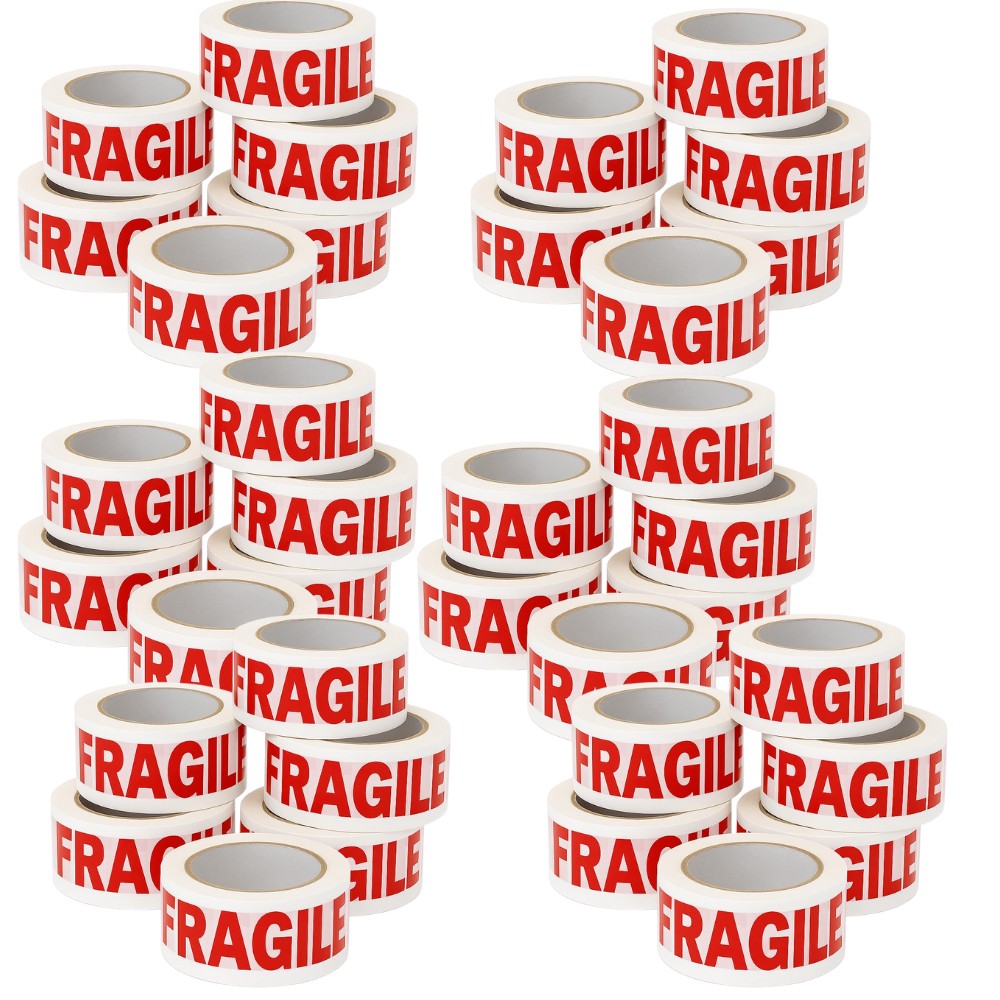 Banda Adeziva Fragile, Set 36 Role, Low Noise Silentioasa pentru Sigilare Colete Sensibile, Adeziv Acrilic, 50mm x 66m, Transparent cu Scris Rosu