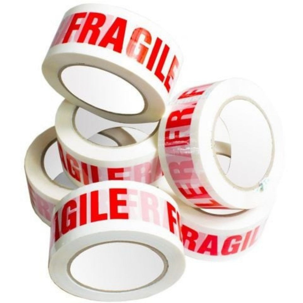 Banda Adeziva Fragile, Set 36 Role, Low Noise Silentioasa pentru Sigilare Colete Sensibile, Adeziv Acrilic, 50mm x 66m, Transparent cu Scris Rosu
