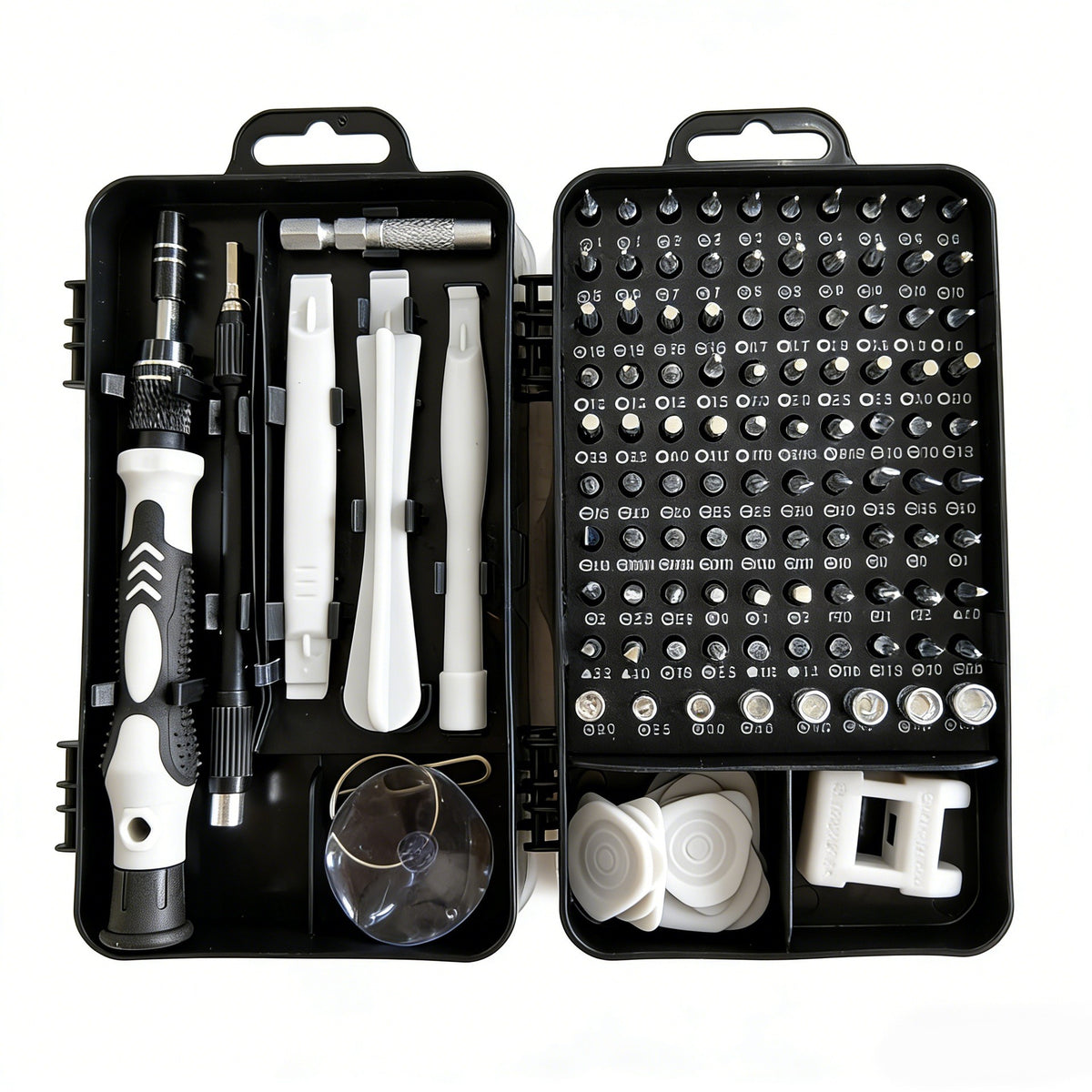Set Surubelnite de Precizie 115-in-1 pentru Electronice, Telefon si Laptop, Biti Magnetici din Otel Crom Vanadiu, Maner Anti-Alunecare, Extensie Flexibila, 18 x 11 x 6 cm, Negru-Alb