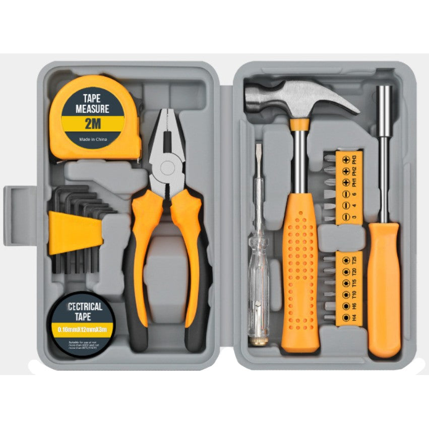 Set Scule 24 Piese pentru Uz Casnic, Trusa Instrumente Reparatii de Baza, Metal si Plastic, Ciocan, Cleste, Ruleta, Surubelnite, 20 x 12.5 x 3 cm, Galben/Gri
