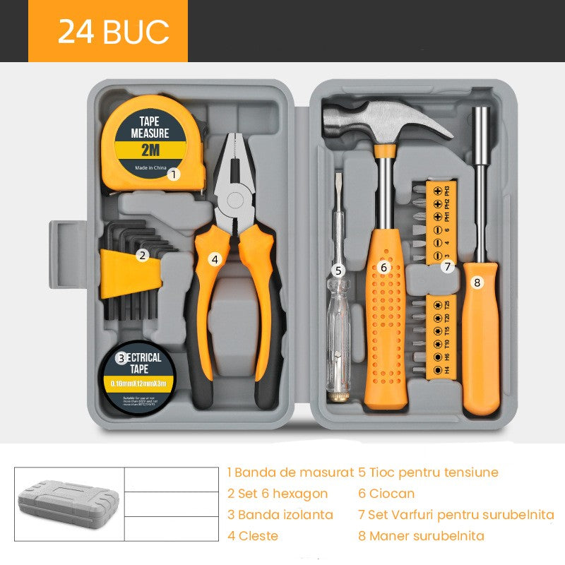 Set Scule 24 Piese pentru Uz Casnic, Trusa Instrumente Reparatii de Baza, Metal si Plastic, Ciocan, Cleste, Ruleta, Surubelnite, 20 x 12.5 x 3 cm, Galben/Gri
