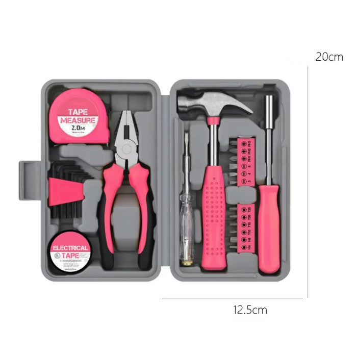 Set Scule 24 Piese pentru Uz Casnic, Trusa Instrumente Reparatii cu Ciocan si Surubelnite, Metal si Plastic, 20 x 12.5 x 3 cm, Roz/Gri