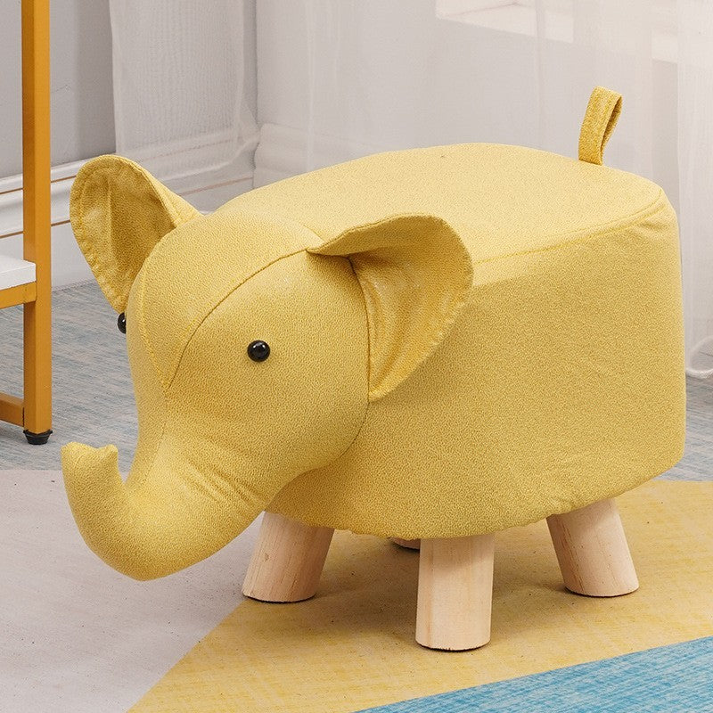 Taburet pentru Copii, Scaun Tip Elefant cu Picioare din Lemn Masiv, Sezut Captusit cu Burete, Design Animal, 30 x 25 x 25 cm, Galben
