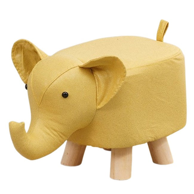 Taburet pentru Copii, Scaun Tip Elefant cu Picioare din Lemn Masiv, Sezut Captusit cu Burete, Design Animal, 30 x 25 x 25 cm, Galben