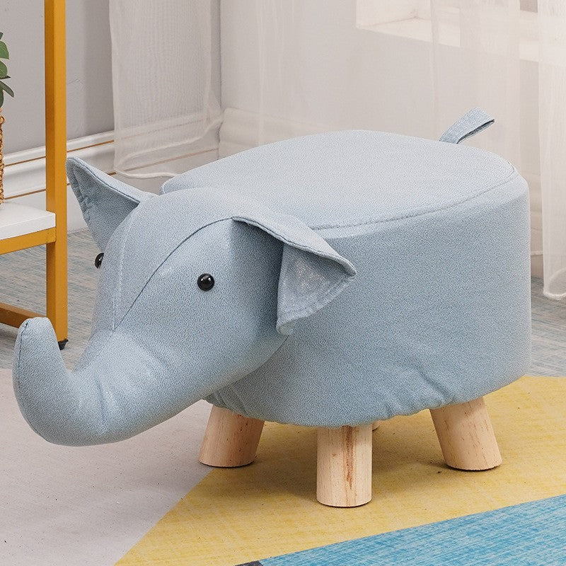 Taburet pentru Copii Model Elefant, Scaun Tapitat cu Picioare din Lemn Masiv, Burete Elastic si Protectii Antiderapante, 30 x 25 x 25 cm, Albastru Deschis