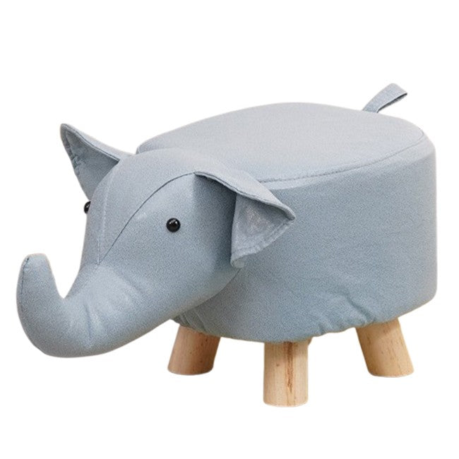 Taburet pentru Copii Model Elefant, Scaun Tapitat cu Picioare din Lemn Masiv, Burete Elastic si Protectii Antiderapante, 30 x 25 x 25 cm, Albastru Deschis