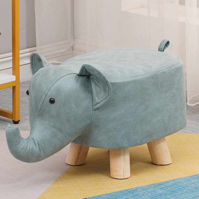 Taburet pentru Copii, Scaun Tip Elefant cu Picioare din Lemn Masiv, Sezut Tapitat si Moale, Design Animal, Albastru, 30 x 25 x 25 cm