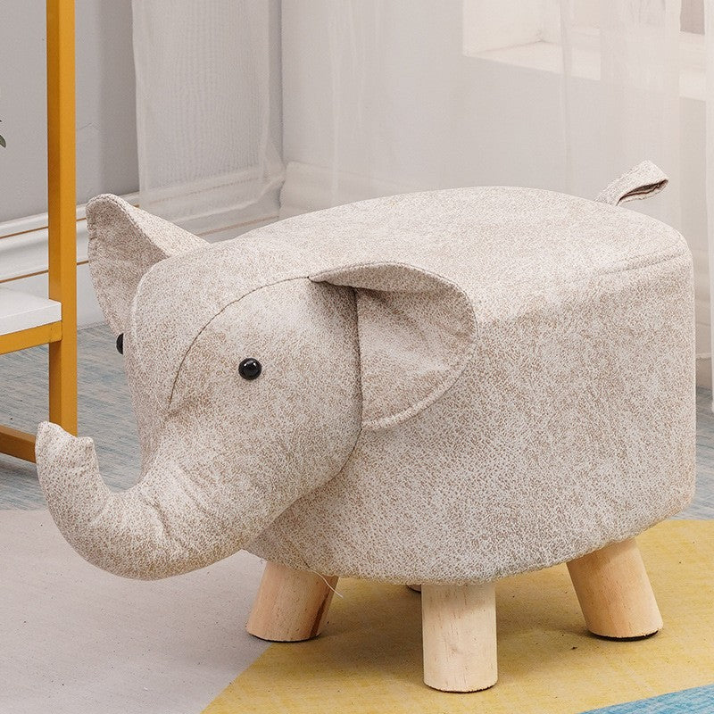 Taburet pentru Copii, Scaun de Gradinita Model Elefant, Sezut Moale cu Burete, Picioare din Lemn Masiv Antiderapante, Max 50 kg, 30 x 25 x 25 cm, Alb Bej