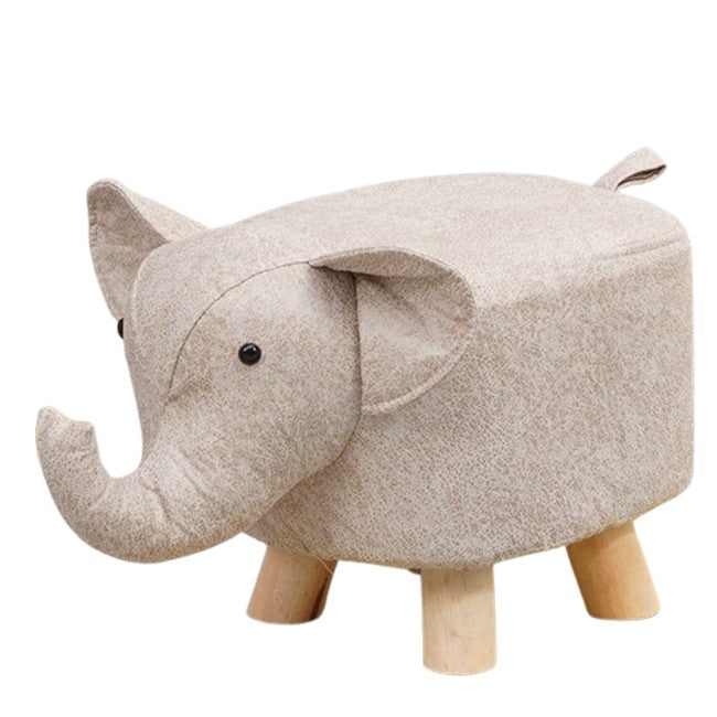 Taburet pentru Copii, Scaun de Gradinita Model Elefant, Sezut Moale cu Burete, Picioare din Lemn Masiv Antiderapante, Max 50 kg, 30 x 25 x 25 cm, Alb Bej