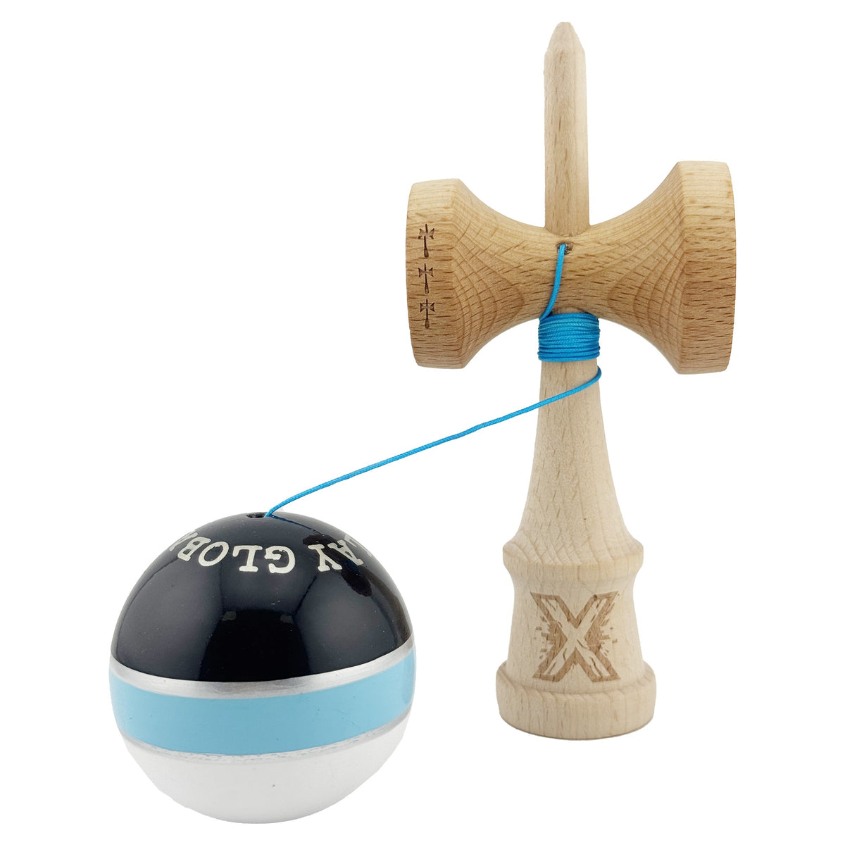 Kendama X Royal Spike Originala, Model Negru / Albastru Silver / Alb, Profesionala, Cupe Mari, Super Sticky, Rulment, Ata 55cm