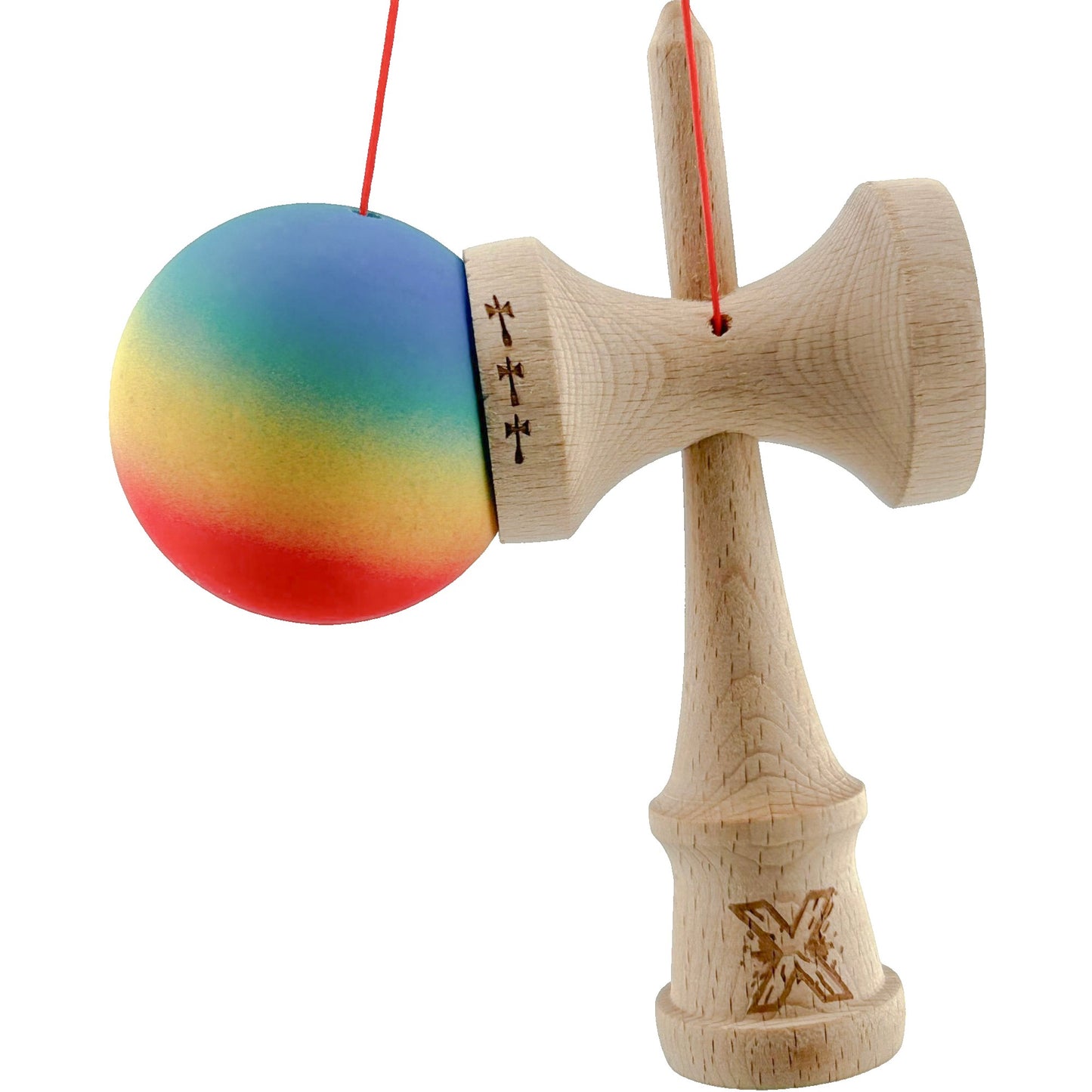 Kendama X Originala - Cupe Mari - Profesionala - Rubber Grip - Jucarie Interactiva din Lemn, 18 cm, Joc de Indemanare pentru Copii si Adulti, Model Albastru-Galben-Rosu in Degrade