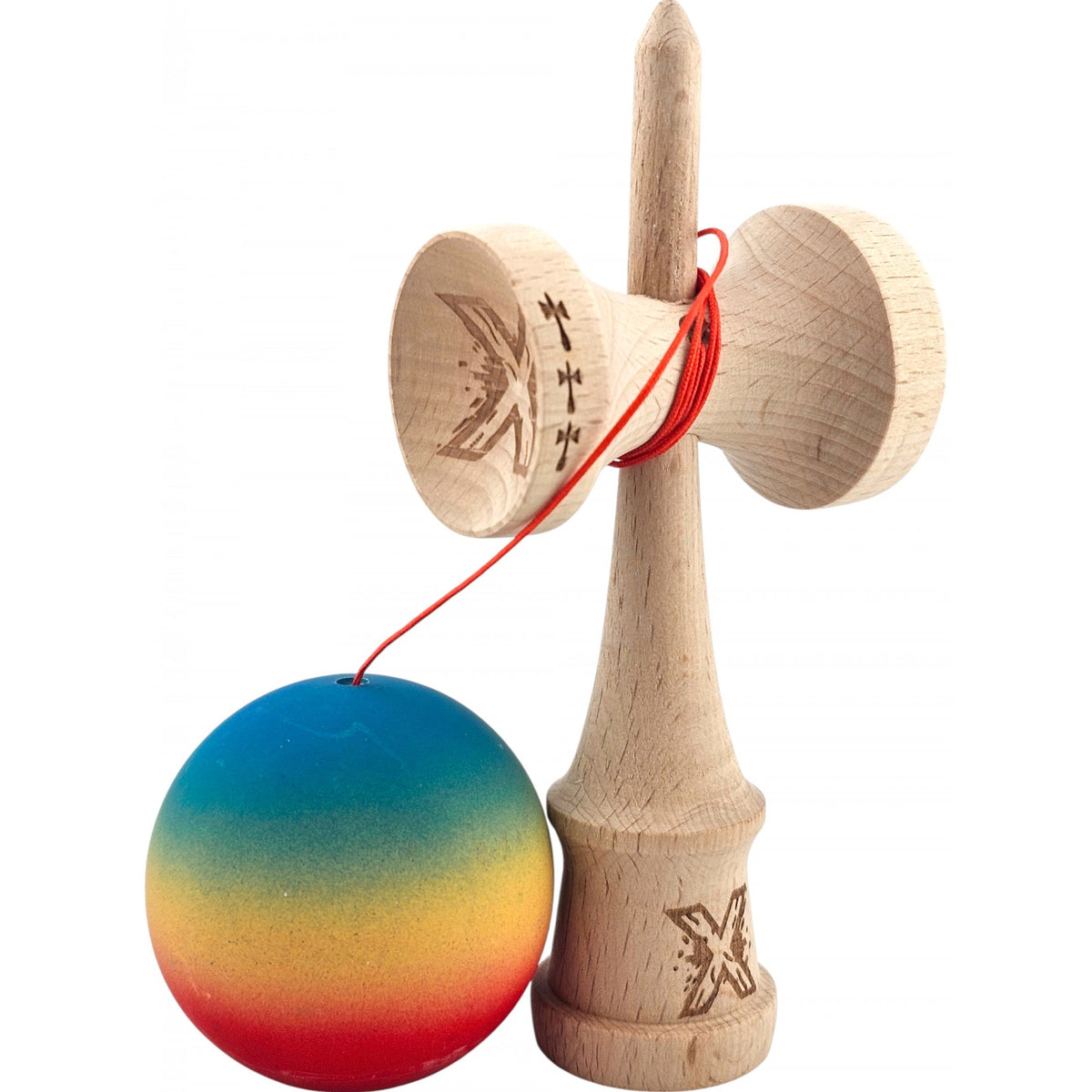 Kendama X Originala - Cupe Mari - Profesionala - Rubber Grip - Jucarie Interactiva din Lemn, 18 cm, Joc de Indemanare pentru Copii si Adulti, Model Albastru-Galben-Rosu in Degrade
