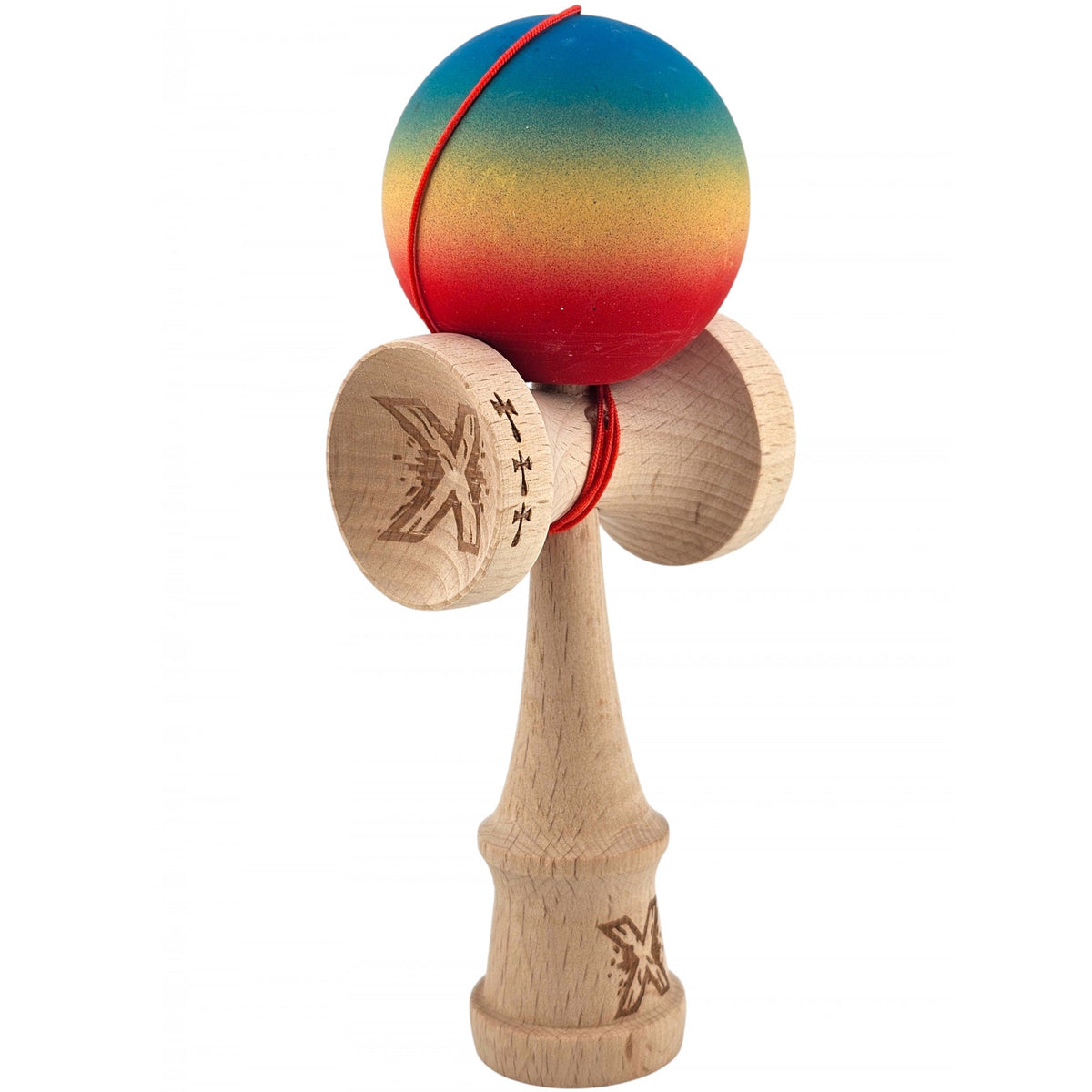 Kendama X Originala - Cupe Mari - Profesionala - Rubber Grip - Jucarie Interactiva din Lemn, 18 cm, Joc de Indemanare pentru Copii si Adulti, Model Albastru-Galben-Rosu in Degrade