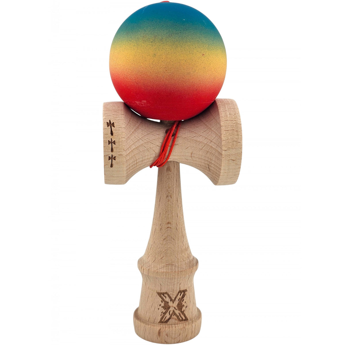 Kendama X Originala - Cupe Mari - Profesionala - Rubber Grip - Jucarie Interactiva din Lemn, 18 cm, Joc de Indemanare pentru Copii si Adulti, Model Albastru-Galben-Rosu in Degrade