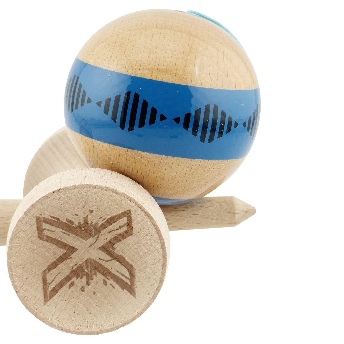Kendama X Vibes Originala, Model V3 Albastru, Profesionala, Cupe Mari King Size, Super Sticky, Gaura in Baza, Rulment, Ata 55cm