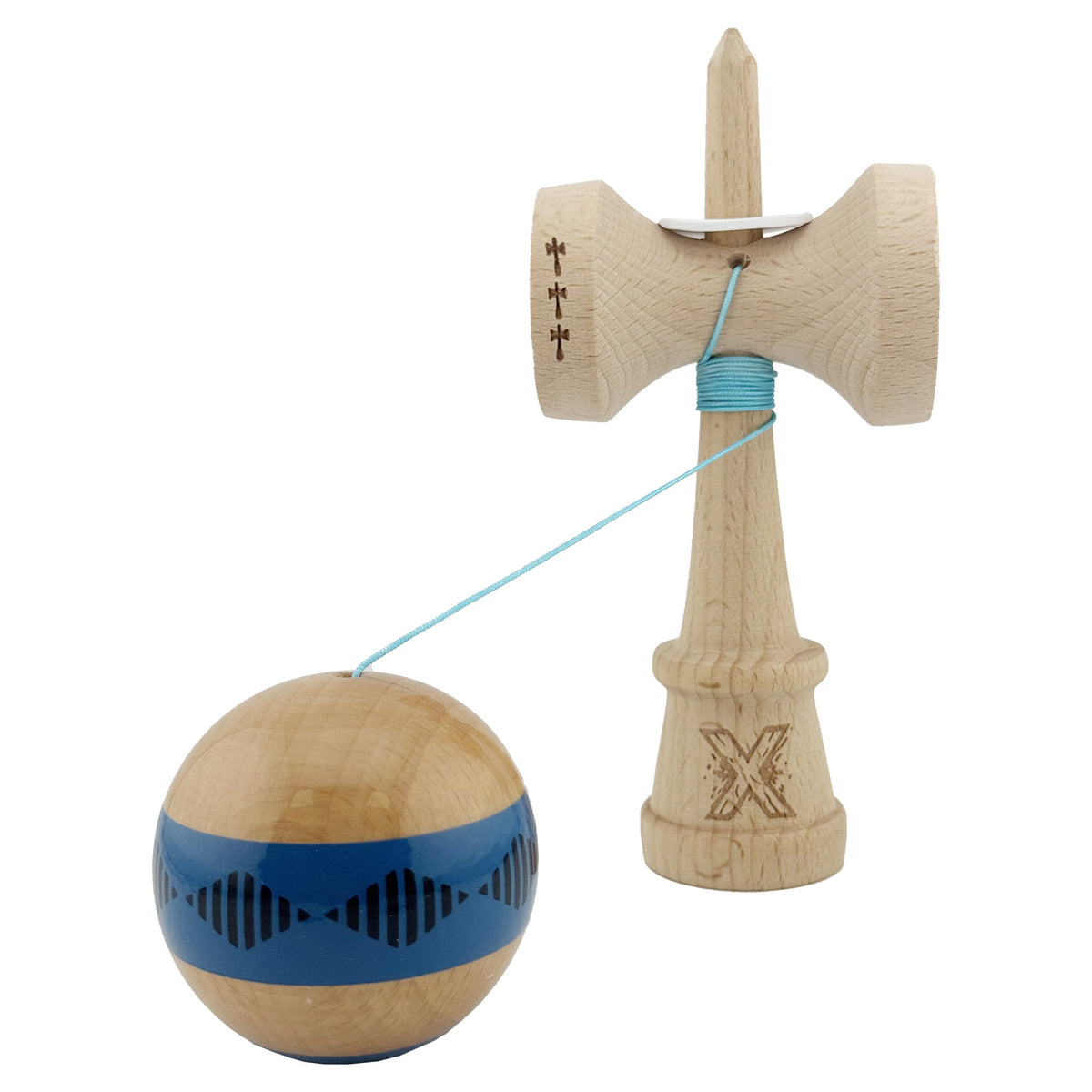 Kendama X Vibes Originala, Model V3 Albastru, Profesionala, Cupe Mari King Size, Super Sticky, Gaura in Baza, Rulment, Ata 55cm