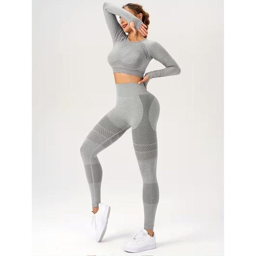 Set Sport Damă 2 Piese pentru Yoga și Fitness, Colanți Talie Înaltă Fără Cusături și Top Scurt cu Mânecă Lungă, Material Elastic Respirabil, Gri, Mărime S
