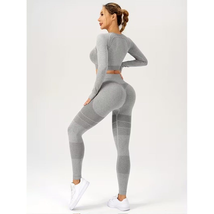 Set Sport Damă 2 Piese pentru Yoga și Fitness, Colanți Talie Înaltă Fără Cusături și Top Scurt cu Mânecă Lungă, Material Elastic Respirabil, Gri, Mărime S