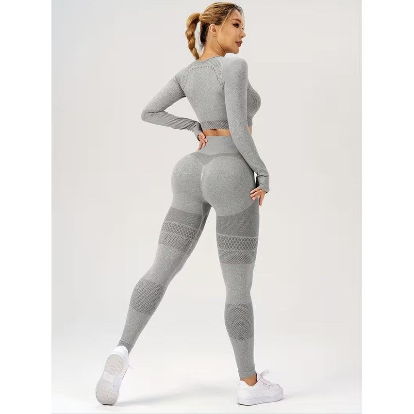 Set Sport Damă 2 Piese pentru Yoga și Fitness, Colanți Talie Înaltă Fără Cusături și Top Scurt cu Mânecă Lungă, Material Elastic Respirabil, Gri, Mărime S
