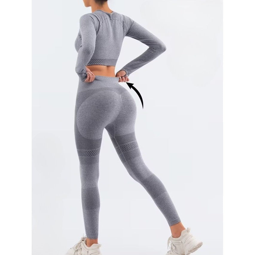 Set Sport Damă pentru Yoga și Fitness, 2 Piese, Colanți Talie Înaltă și Top Scurt Mânecă Lungă, Fără Cusături, Material Elastic Respirabil, Gri, M