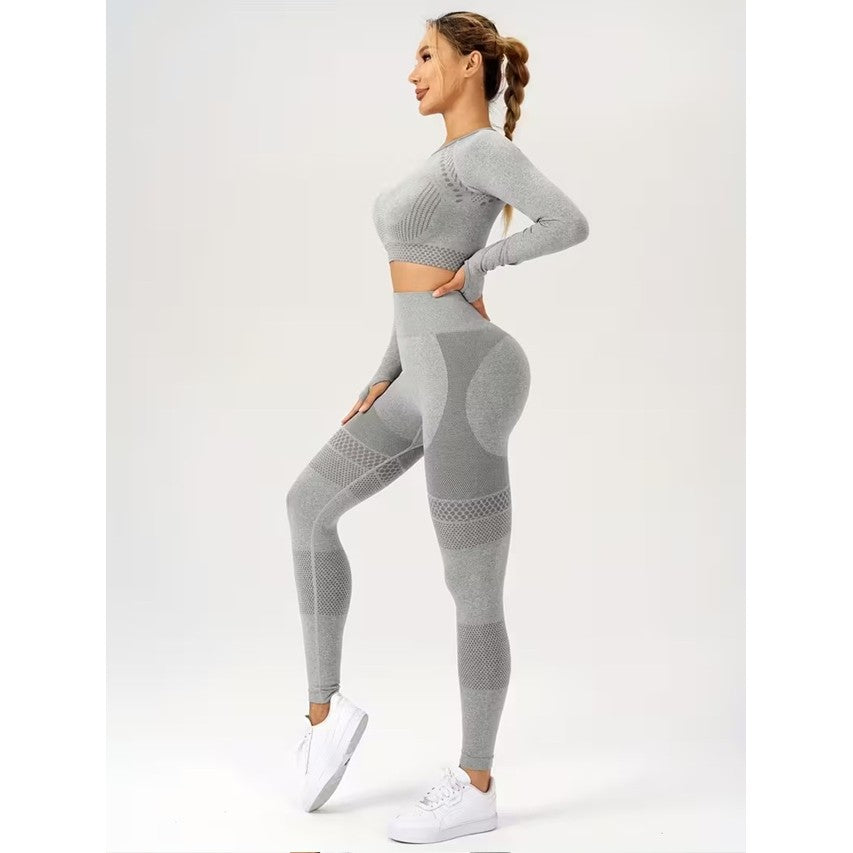 Set Sport Damă pentru Yoga și Fitness, 2 Piese, Colanți Talie Înaltă și Top Scurt Mânecă Lungă, Fără Cusături, Material Elastic Respirabil, Gri, M