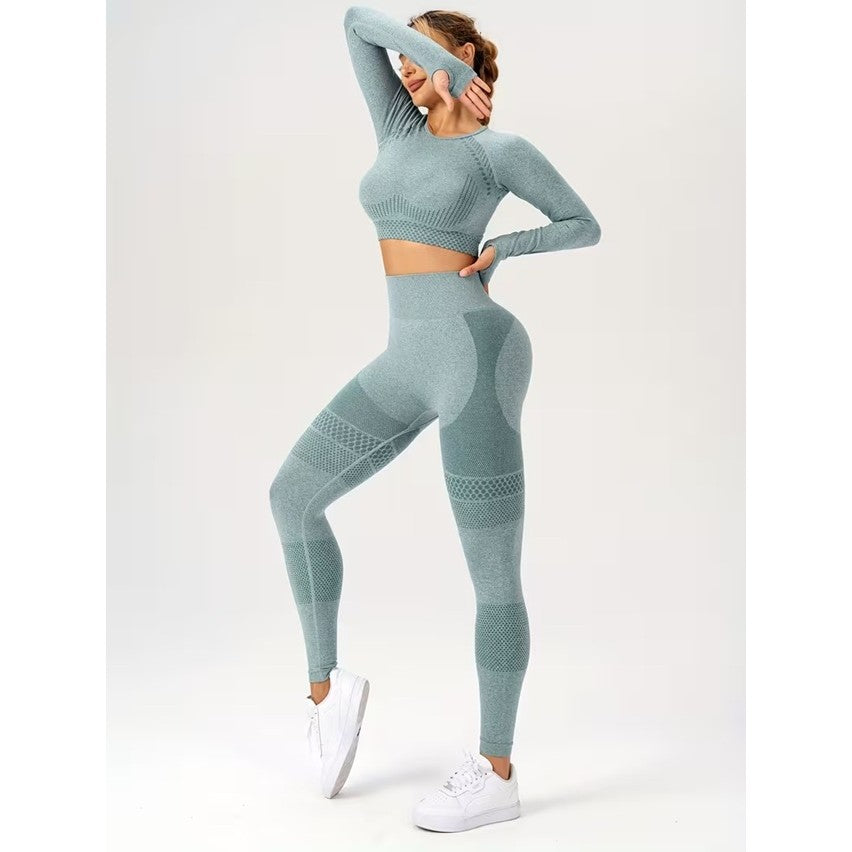 Set Sport Damă 2 Piese, Costum Fitness și Yoga, Colanți Talie Înaltă Fără Cusături și Top Scurt Mânecă Lungă, Material Elastic Respirabil, Verde Mentă, Mărime L