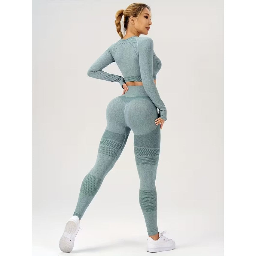 Set Sport Damă 2 Piese, Costum Fitness și Yoga, Colanți Talie Înaltă Fără Cusături și Top Scurt Mânecă Lungă, Material Elastic Respirabil, Verde Mentă, Mărime L