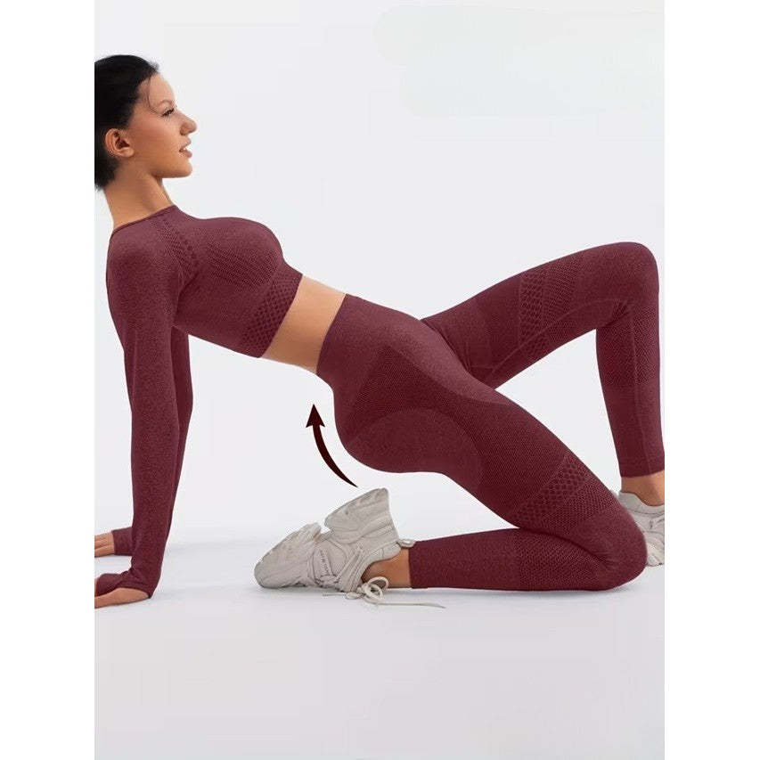 Set Sport Damă 2 Piese pentru Yoga și Fitness, Colanți Talie Înaltă Fără Cusături și Top Scurt Mânecă Lungă, Material Elastic Respirabil, Burgundy, Mărime S