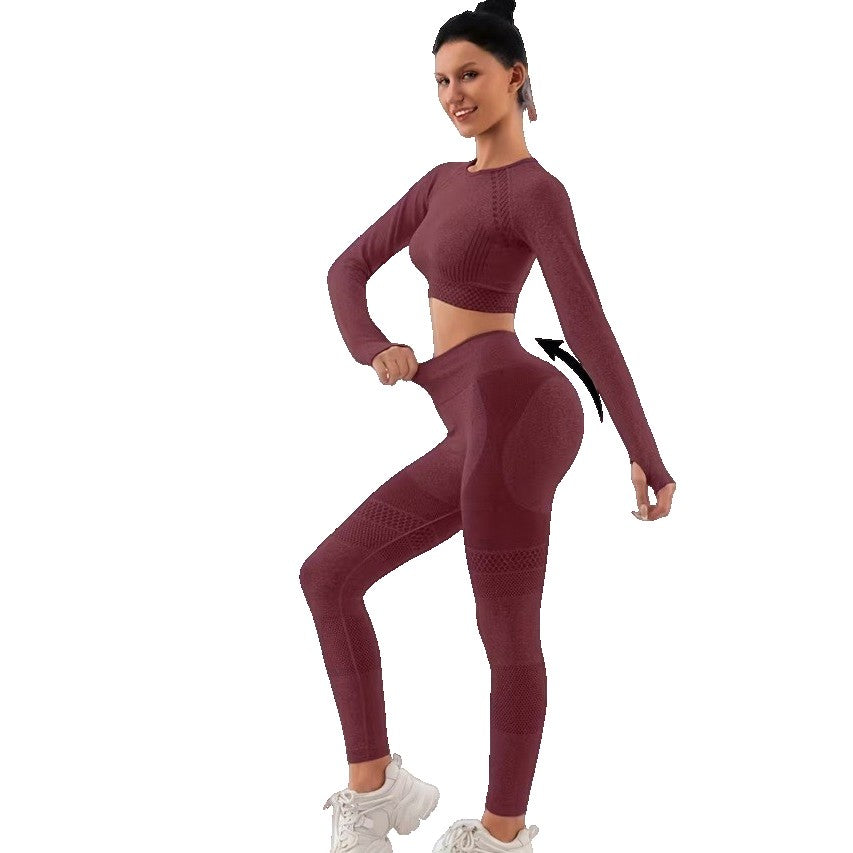 Set Sport Damă 2 Piese pentru Yoga și Fitness, Colanți Talie Înaltă Fără Cusături și Top Scurt Mânecă Lungă, Material Elastic Respirabil, Burgundy, M