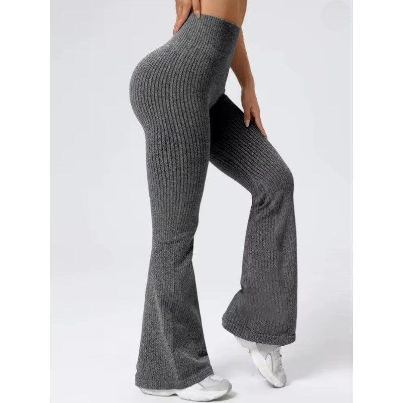 Pantaloni Sport Dama pentru Yoga si Fitness, Talie Inalta Fara Cusaturi, Croiala Evazata, Material Tricotat Elastic, Gri Inchis, Marime M