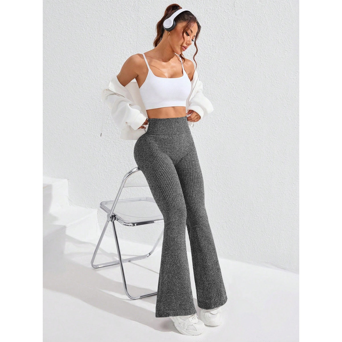 Pantaloni Yoga Dama, Sport si Fitness, Talie Inalta Fara Cusaturi, Croiala Evazata, Material Elastic Tricotat, Gri Inchis, Marime XL
