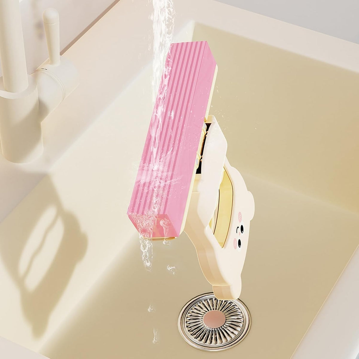 Mini Mop de Mana Pliabil, Sistem de Stoarcere Self-Wringing, Curatare Umeda si Uscata, Model Ursulet, Plastic si Burete Absorbant, 9 x 15 x 15 cm, Roz