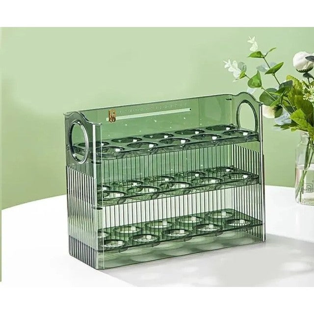 Suport Organizator pentru Oua, Suport Frigider cu 3 Straturi si Design Rabatabil, Plastic Alimentar, Capacitate 30 Oua, Verde Transparent