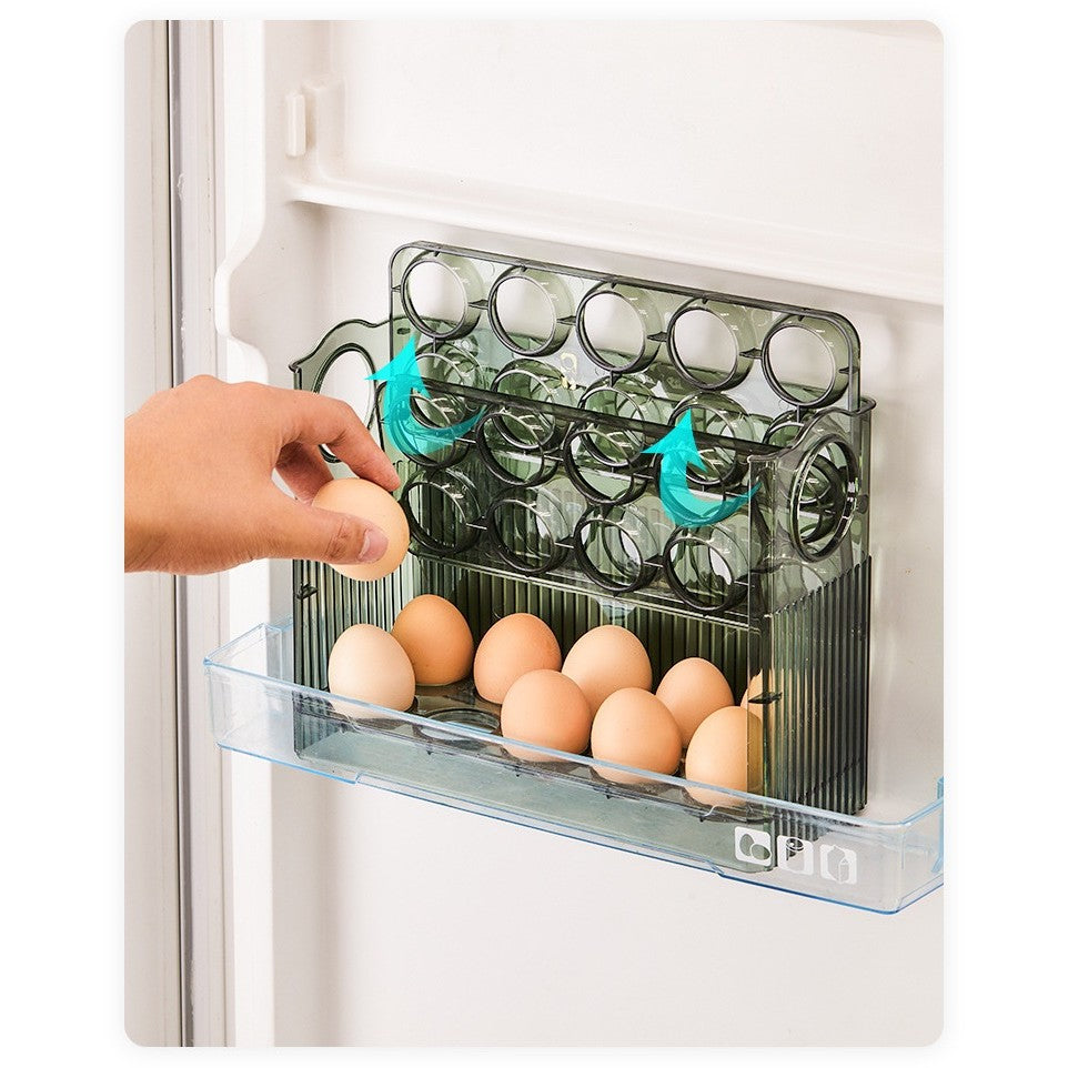 Suport Organizator pentru Oua, Suport Frigider cu 3 Straturi si Design Rabatabil, Plastic Alimentar, Capacitate 30 Oua, Verde Transparent