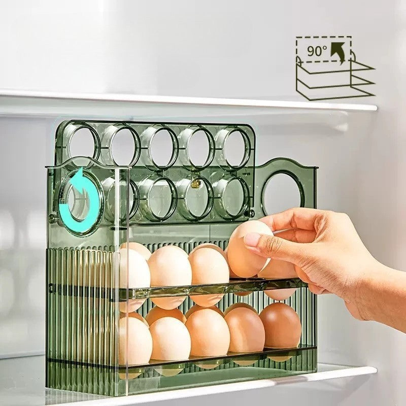 Suport Organizator pentru Oua, Suport Frigider cu 3 Straturi si Design Rabatabil, Plastic Alimentar, Capacitate 30 Oua, Verde Transparent