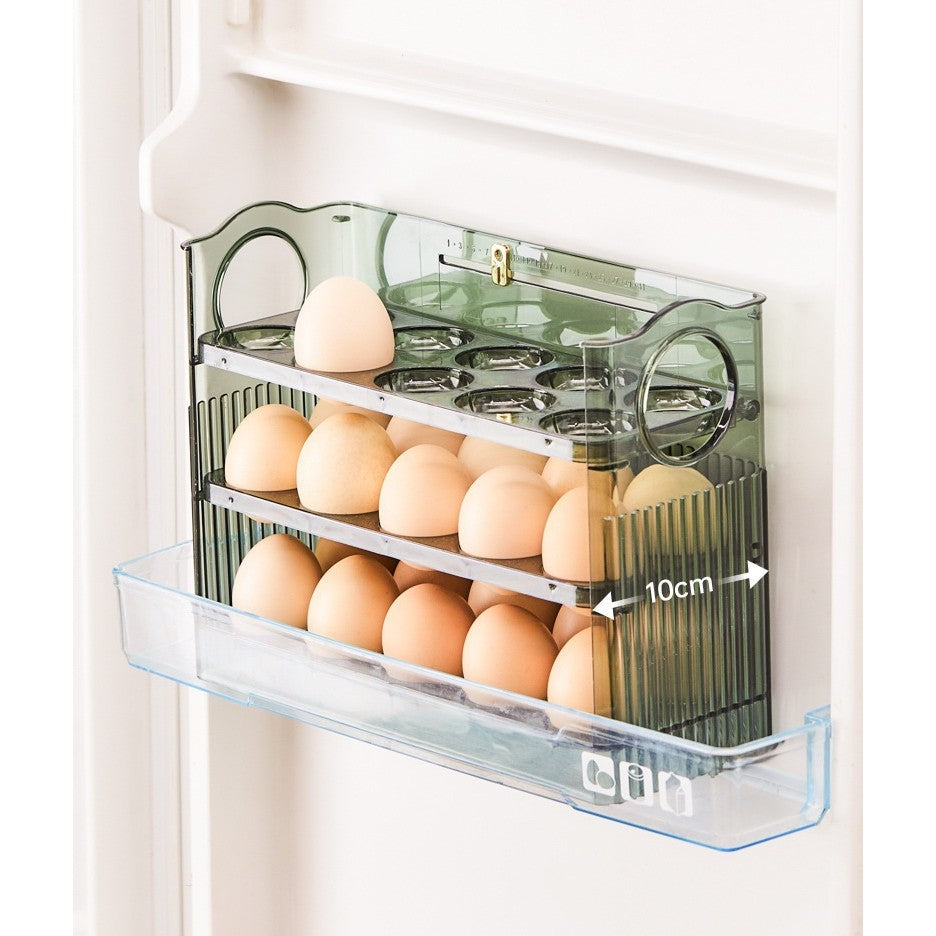Suport Organizator pentru Oua, Suport Frigider cu 3 Straturi si Design Rabatabil, Plastic Alimentar, Capacitate 30 Oua, Verde Transparent