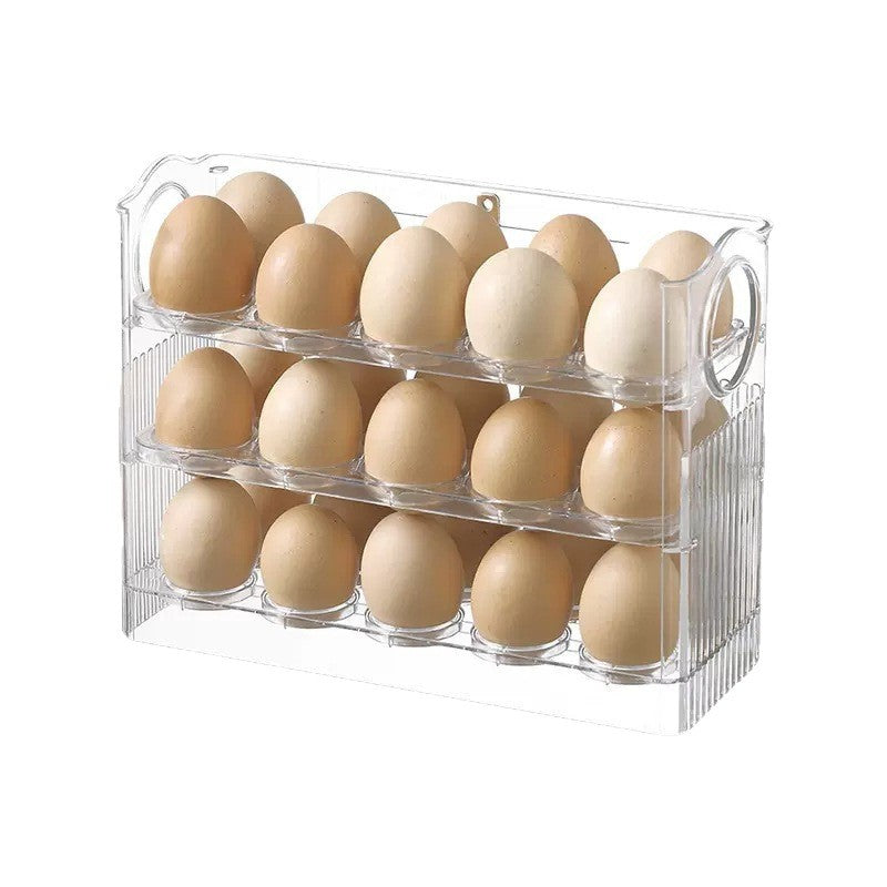 Suport Organizator pentru Oua, Cutie Depozitare pe Usa Frigiderului cu Rabatare Automata, 3 Straturi, Plastic Alimentar PTE, Capacitate 30 Oua, Transparent, 26 x 20 x 10 cm