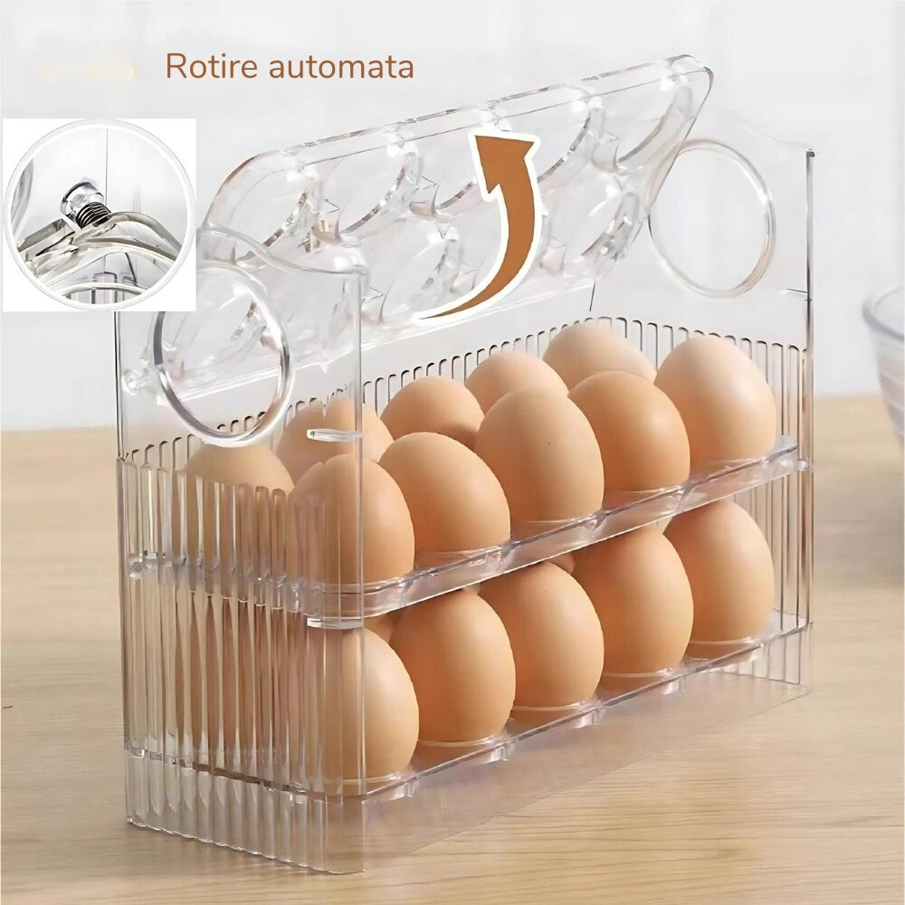 Suport Organizator pentru Oua, Cutie Depozitare pe Usa Frigiderului cu Rabatare Automata, 3 Straturi, Plastic Alimentar PTE, Capacitate 30 Oua, Transparent, 26 x 20 x 10 cm