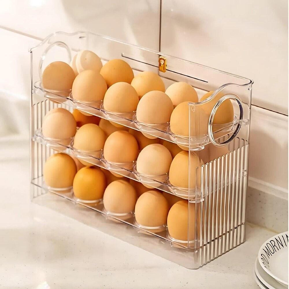 Suport Organizator pentru Oua, Cutie Depozitare pe Usa Frigiderului cu Rabatare Automata, 3 Straturi, Plastic Alimentar PTE, Capacitate 30 Oua, Transparent, 26 x 20 x 10 cm