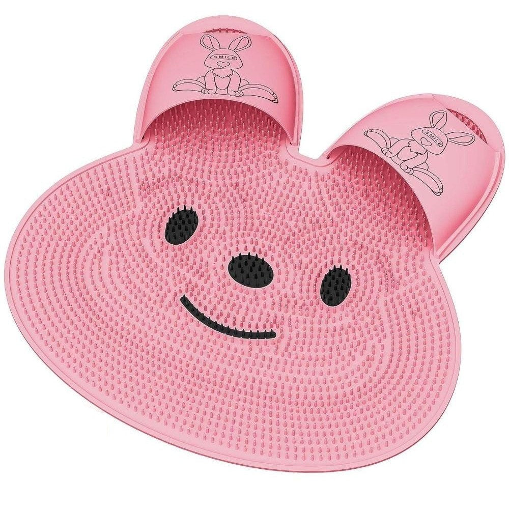 Covoras de Baie pentru Masaj si Spalare Picioare, Ventuze Antiderapante, Exfoliere si Relaxare, Material TPE, Model Iepuras, 45 x 45 cm, Roz