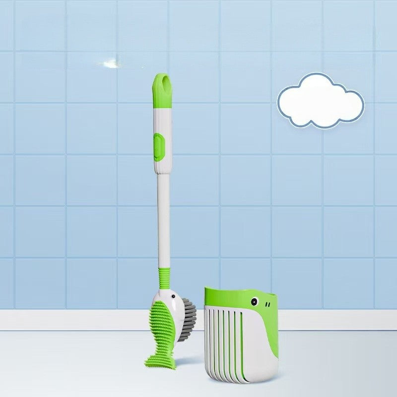 Perie de Toaleta cu Rezervor Detergent, Suport de Perete fara Gaurire, 2 Tipuri de Perii TPR si PET, Model Balena, Verde, 41 cm