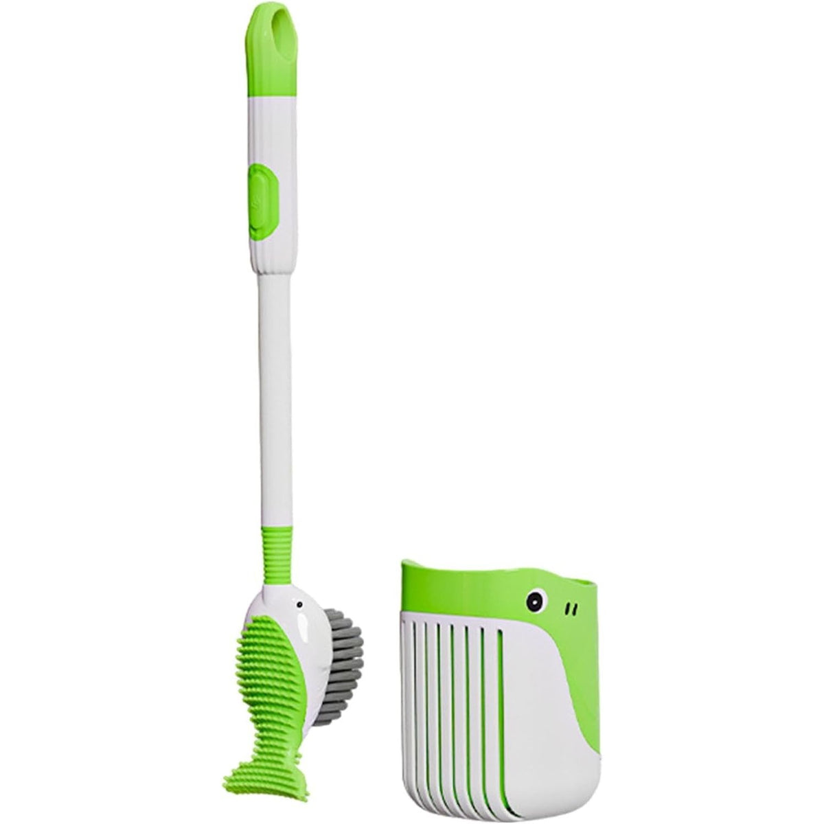 Perie de Toaleta cu Rezervor Detergent, Suport de Perete fara Gaurire, 2 Tipuri de Perii TPR si PET, Model Balena, Verde, 41 cm