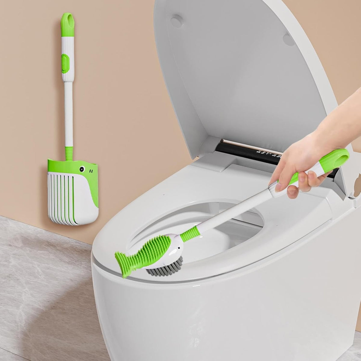 Perie de Toaleta cu Rezervor Detergent, Suport de Perete fara Gaurire, 2 Tipuri de Perii TPR si PET, Model Balena, Verde, 41 cm